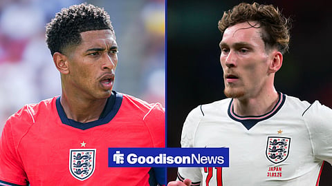 England's Jude Bellingham in action at the 2026 FIFA World Cup and Everton's James Garner representing England vs Japan at Wembley Stadium.