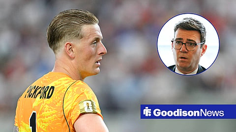 England and Everton goalkeeper Jordan Pickford and a circular inset of Andy Burnham