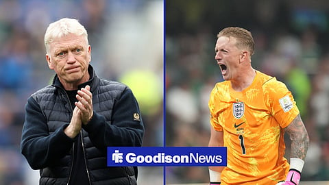 Jordan Pickford celebrates England's win vs Mexico in World Cup with David Moyes applauding in split image