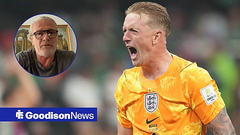 Jordan Pickford celebrating for England towards a circle inset of Emmanuel Petit speaking on talkSPORT