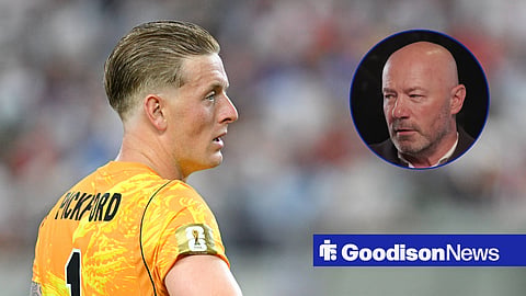 Everton and England goalkeeper Jordan Pickford, and a circular inset of Alan Shearer