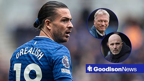 An image of Jack Grealish with his back to the camera, looking to his right with an Everton shirt. To his right are smaller pictures in circles of Everton manager David Moyes and Manchester City boss Enzo Maresca.