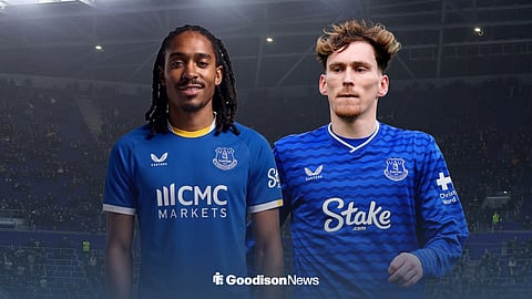 Djed Spence and James Garner in Everton kits at Hill Dickinson Stadium