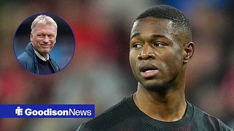 Everton target Christian Kofane and Everton manager David Moyes in a circular inset