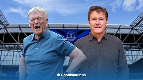 David Moyes shouting instructions, with Dan Friedkin alongside him and Hill Dickinson Stadium in the background