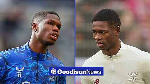Split image of Thierno Barry warming up in an Everton kit and Christian Kofane warming up before a Bayer Leverkusen game