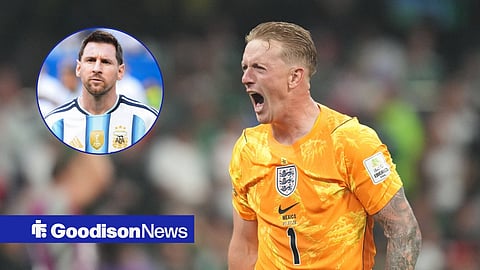 Jordan Pickford in action for England, looking at a circular inset of Lionel Messi