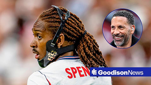 Main image of Djed Spence looking on while playing for England at the 2026 World Cup with Rio Ferdinand's smiling face in a circular inset on the right