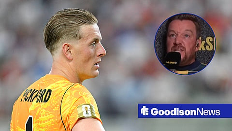 England goalkeep Jordan Pickford and a circular inset of Jamie O'Hara on talkSPORT