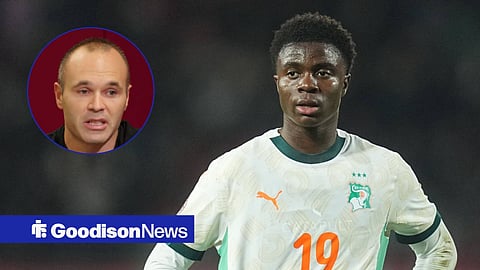 Andres Iniesta speaking in an interview with Barcelona and Ivory Coast midfielder Christ Inao Oulai.