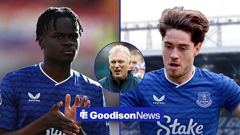 A side-by-side image of Everton players Tyrique George and Hayden Hackney, and a circular inset of David Moyes
