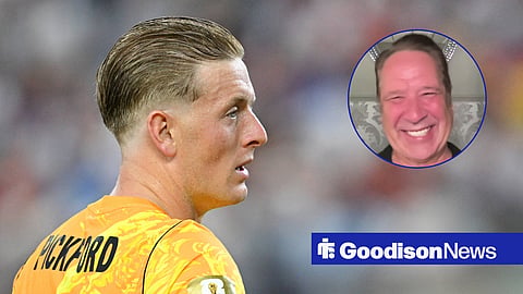 Everton goalkeeper Jordan Pickford playing for England, and a circular inset of David Seaman speaking on talkSPORT.