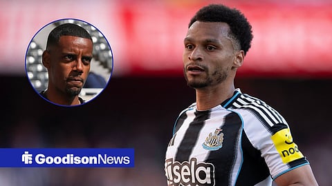 Jacob Murphy in action for Newcastle United, looking at a circular inset of Alexander Isak.