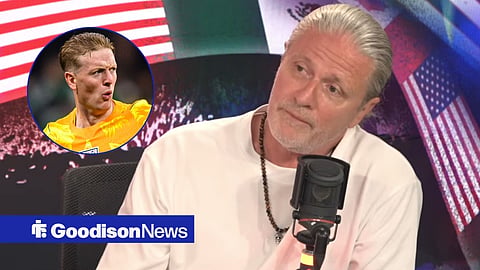 Emmanuel Petit speaking on talkSPORT looking towards a circle inset of Jordan Pickford playing for England