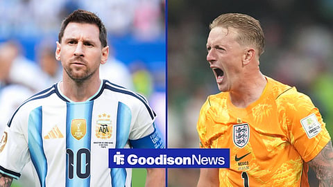 Lionel Messi for Argentina and Jordan Pickford in action for England, both playing during FIFA World Cup 2026.