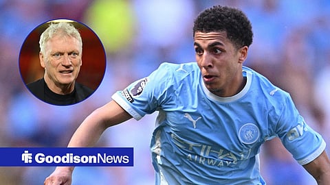 Rico Lewis playing for Manchester City and a circle inset of David Moyes smiling