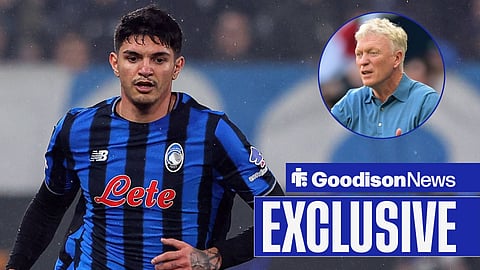 Atalanta defender Raoul Bellanova and Everton manager David Moyes in a circular inset