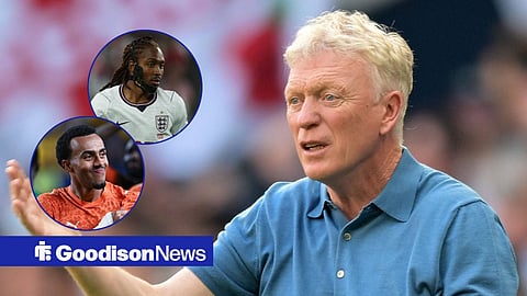 David Moyes on the touchline for Everton with Djed Spence and Guela Doue in circular insets