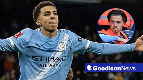 Rico Lewis celebrating for Manchester City and a circle inset of Jack Grealish looking annoyed