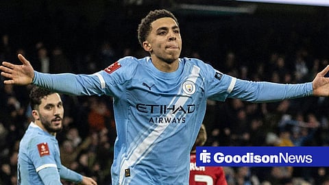 Rico Lewis celebrating a goal for Manchester City