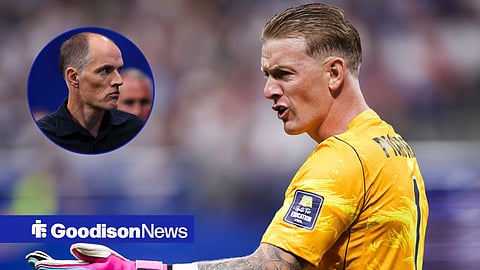 Jordan Pickford looking annoyed for England towards a circle inset of Thomas Tuchel