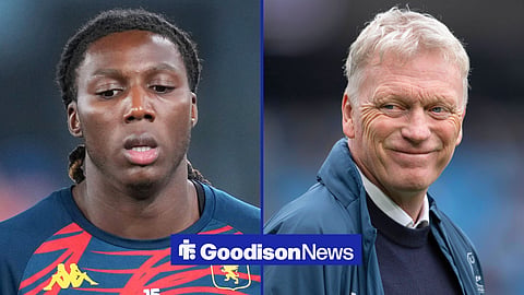 Split image of Brooke Norton-Cuffy warming up before playing a game for Genoa and Everton manager David Moyes smiilin on the sidelines