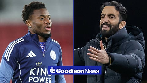 Abdul Fatawu warming up for Leicester City, with Ruben Amorim alongside him in a split image
