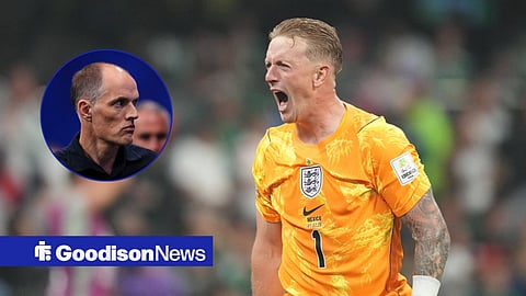 Everton star Jordan Pickford in action for England, Thomas Tuchel in inset