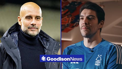 Pep Guardiola smiling towards Stefan Ortega in a Nottingham Forest interview
