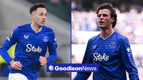 Dwight McNeil in action for Everton on the left with Merlin Rohl in action on the right
