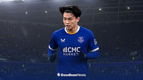 Ayase Ueda in an Everton kit at Hill Dickinson Stadium
