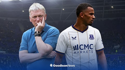 Graphic of Everton manager David Moyes and Iliman Ndiaye side by side with Hill Dickinson Stadium in the background