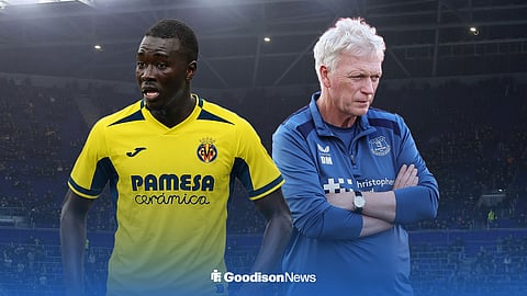 Graphic of Pape Gueye in a Villarreal shit and Everton manager David Moyes side by side with Hill Dickinson Stadium in the background