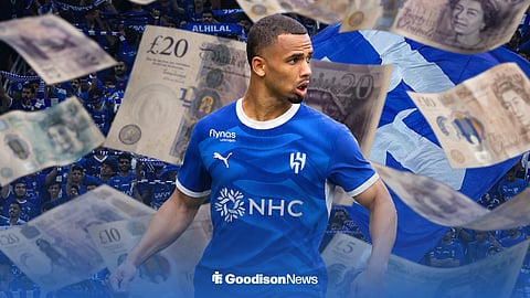 Iliman Ndiaye in an Al-Hilal top, with pound notes flying in the air