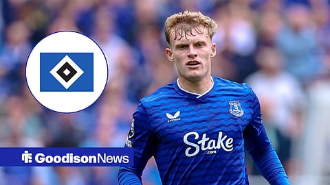 Jarrad Branthwaite in action for Everton, Hamburg badge in inset