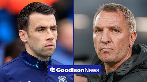 a 50:50 image with Seamus Coleman in an Everton training kit on the left-hand side. To the right is ex-Celtic manager Brendan Rodgers.