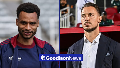 Jacob Murphy in Newcastle pre-match gear on the left with Matthias Jaissle on the right on the touchline
