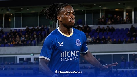 Jonathan Rowe in an Everton kit at Hill Dickinson Stadium