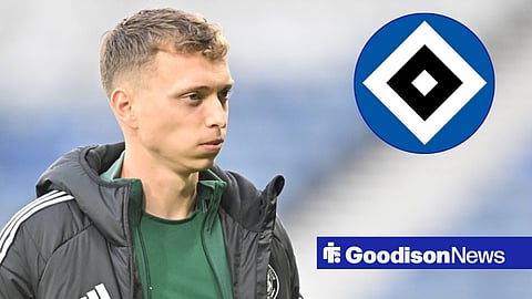 Alistair Johnston pre-match for Celtic and Hamburg's crest in a circular inset