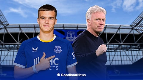 Taras Mykhavko in an Everton kit and David Moyes fist pumping at Hill Dickinson Stadium