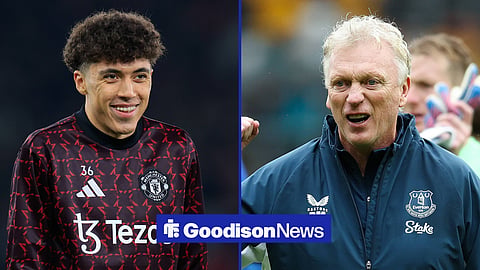 Manchester United forward Ethan Wheatley and Everton manager David Moyes in a side-by-side image