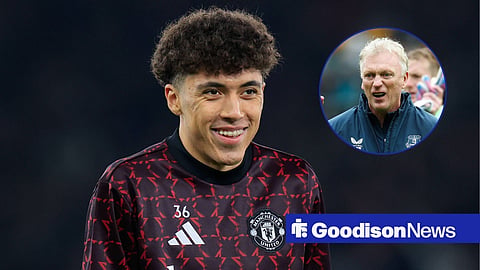 Ethan Wheatley smiling for Manchester United with David Moyes in circular inset