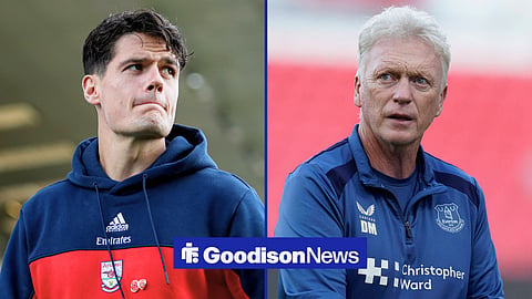 Split image of Christian Norgaard in Arsenal hoodie and David Moyes managing Everton during pre-season