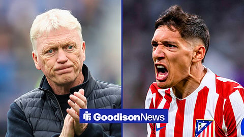 Split image of Everton manager David Moyes clapping and Nahuel Molina screaming in action for Atletico Madrid