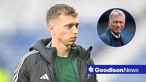 Alistair Johnston looking on for Celtic and David Moyes in circular inset smiling