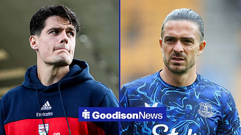Christian Norgaard on the left while at Arsenal with Jack Grealish on the right while at Everton