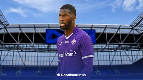 Everton's Beto in a Fiorentina shirt with Hill Dickinson Stadium in the background