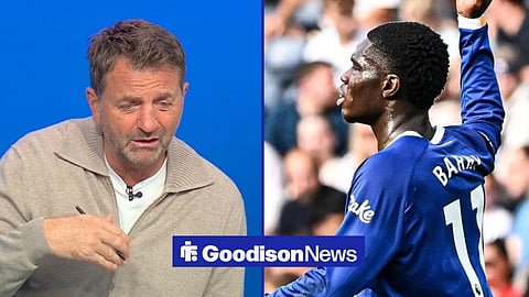 Tim Sherwood on Sky Sports on the left with Thierno Barry on the right in action for Everton