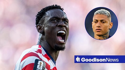 Main image of Folarin Balogun celebrating for USMNT and Richarlison's face in a circular inset on the right