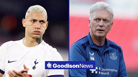 Richarlison in action for Tottenham, with Everton boss David Moyes alongside him in a split image